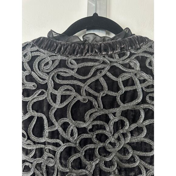 Chico's Velvet Silver Cord Ruffled Jacket sz XL Dark Grey Boho Retro V Neck E10 - Picture 5 of 7